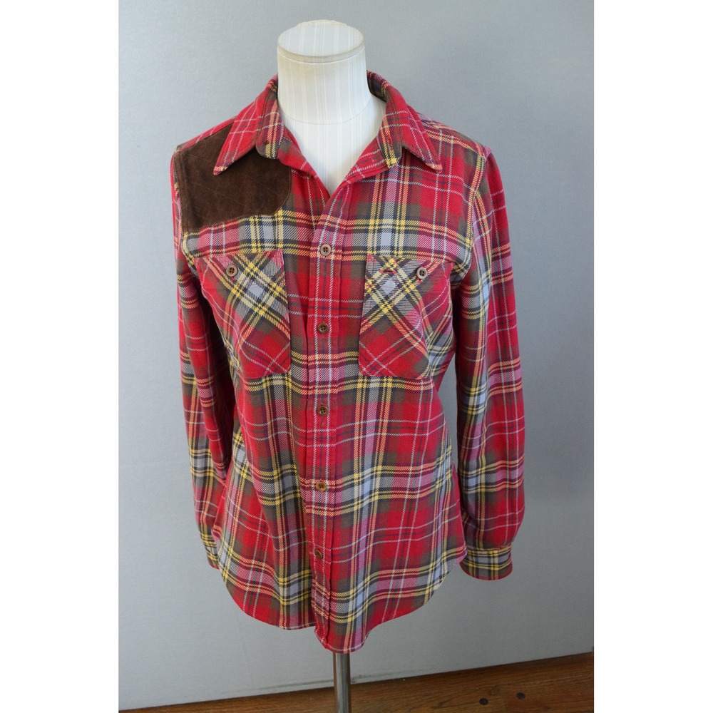 Ralph Lauren Rugby Flannel Shirt 6 Red Plaid Suede Womens Skinny Fit Button